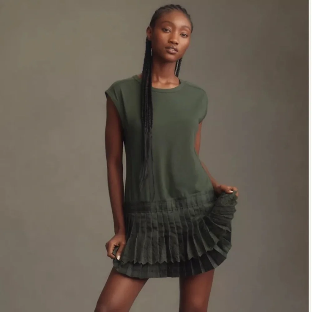 Daily practice by Anthro green Womens solid set mini pleated dress XS NEW